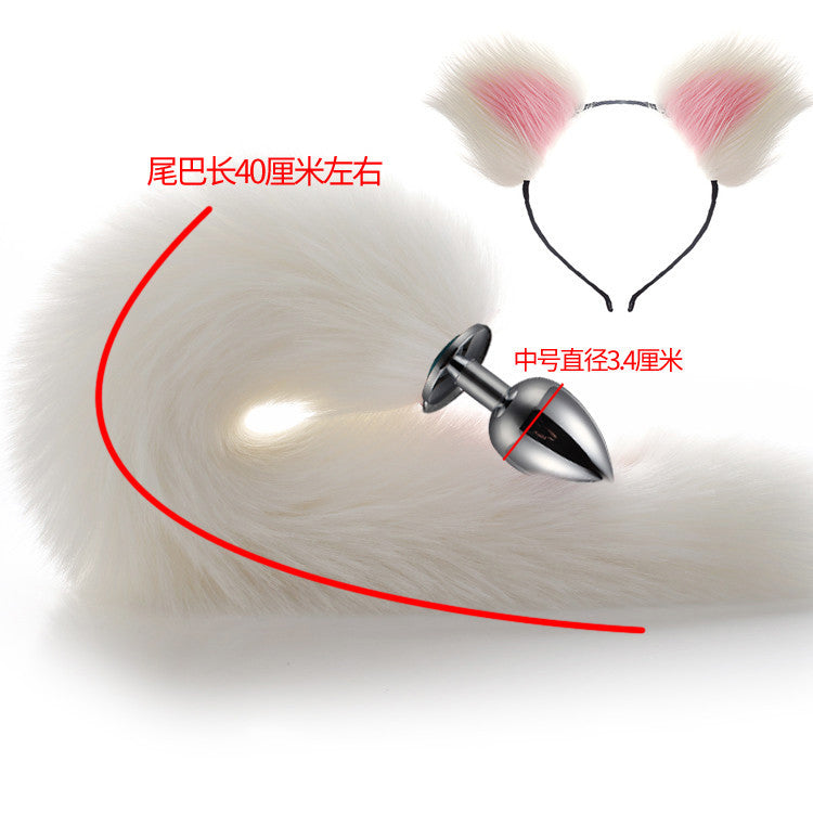 Image of 40cm All White Tail Double Erotic Fun Plush Hair Clip Ears Cosplay Makeup Metal Anal Plug Expansion